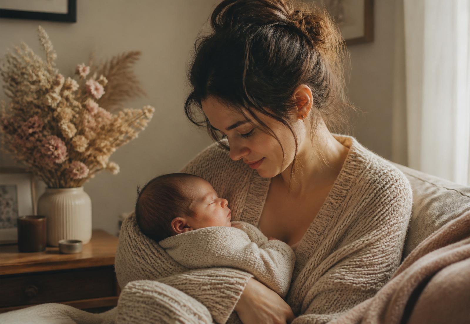Jeune maman berçant son nouveau-né à domicile